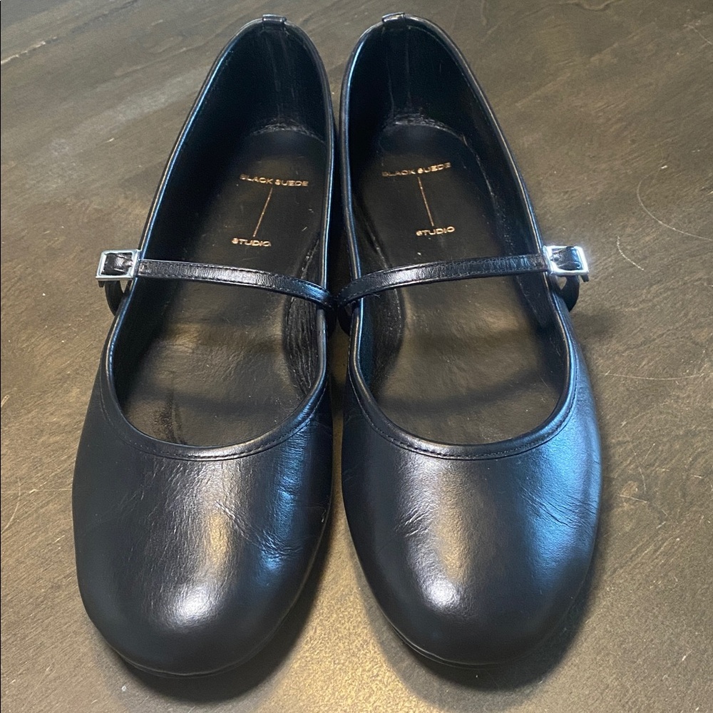 Black Suede Studio Mary Jane Flats with Buckle Strap - Black